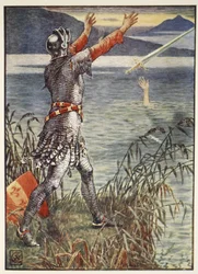 Sir Bedivere getta la spada Excalibur nel lago, da «Storie dei cavalieri della Tavola Rotonda» di Henry Gilbert, prima edizione, 1911
